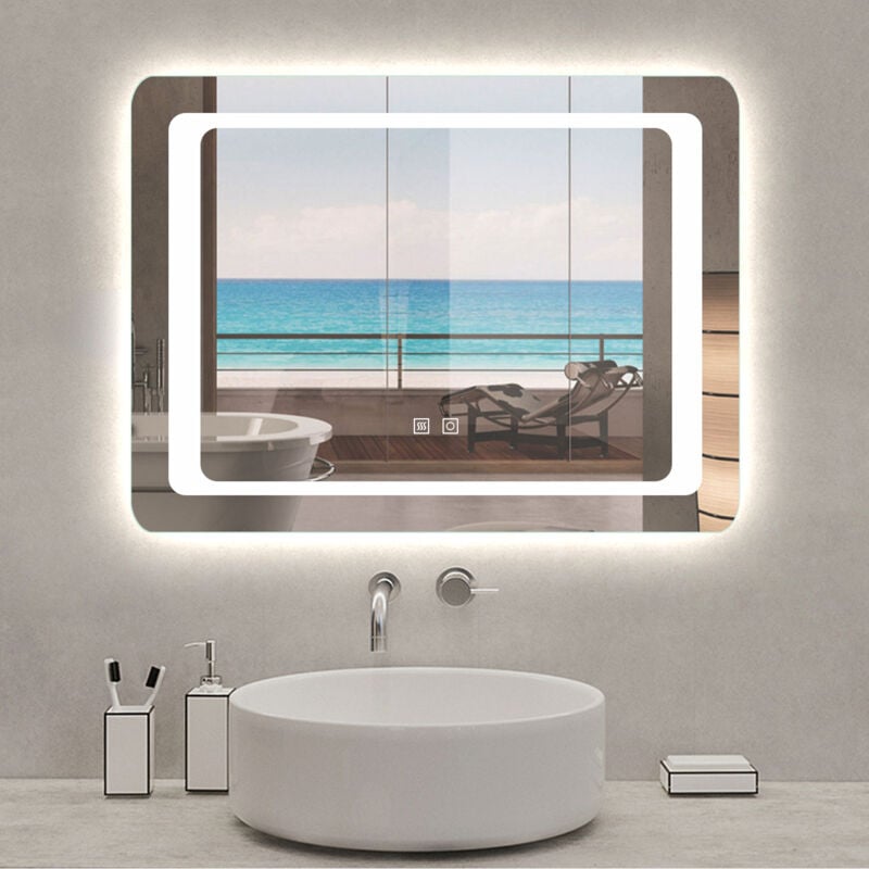 Acezanble Miroir lumineux 80 x 60cm anti-buée +dimmable + mémoire, miroir de salle de bain avec 2 Interrupteurs Tactiles