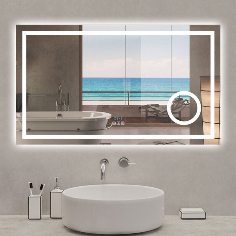 Acezanble Miroir lumineux 160 x 80cm, bluetooth + 3 couleurs + dimmable + grossissant + horloge + anti-buée + mémoire, miroir salle de bain led