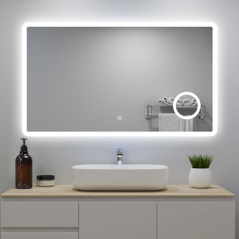 Acezanble - miroir lumineux 120x70cm avec Anti-buée + 3 Couleurs + Dimmable + grossissant 3x, Mural Miroir salle de bain