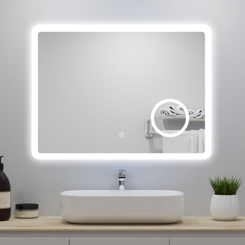 Acezanble miroir lumineux 80x60cm avec Anti-buée + 3 Couleurs + Dimmable + grossissant 3x, Mural Miroir salle de bain