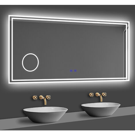 Acezanble – Miroir lumineux de salle de bain 120x70cm – 3 couleurs – Bluetooth et loupe x3 – Verre anti-buée – Cadre aluminium résistant à l'humidité