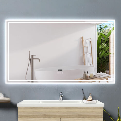 Acezanble – Miroir lumineux de salle de bain 120x70cm – Bluetooth – 3 couleurs – Anti-buée – Horloge numérique – Cadre aluminium