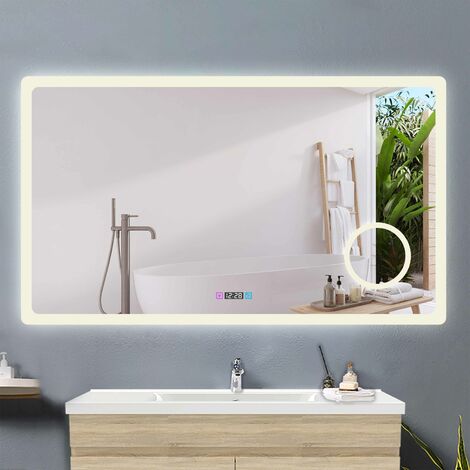 Acezanble – Miroir lumineux de salle de bain 120x70cm – Éclairage LED réglable 3 couleurs – Anti-buée – Miroir grossissant x3 – Horloge numérique