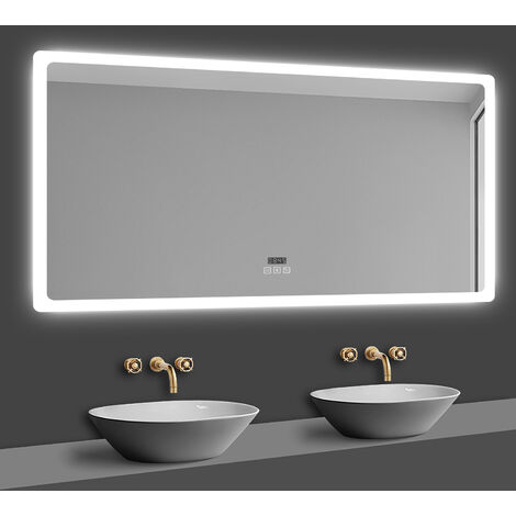 Acezanble – Miroir lumineux de salle de bain 100x60cm – 3 couleurs d'éclairage – Bluetooth intégré – Horloge numérique – Verre 5mm anti-buée