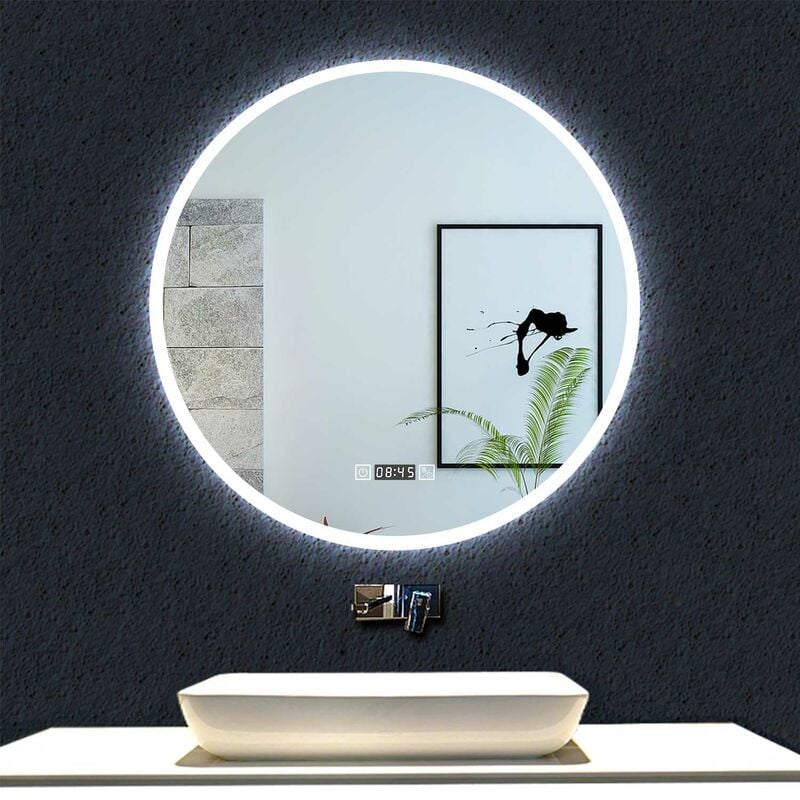 Acezanble - Miroir Lumineux de Salle de Bain Rond 70cm avec Horloge + 3 Couleurs + Dimmable + Anti-buée, Miroir Mural led, Miroir de Salle de Bain