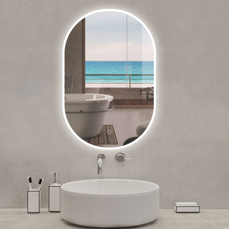 Miroir lumineux ovale 60 x 90cm, 3 couleurs + dimmable + anti-buée + mémoire, miroir salle de bain led - Acezanble