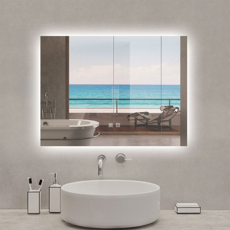 Miroir lumineux rectangulaire 90 x 70cm, 3 couleurs + dimmable + anti-buée + mémoire, miroir salle de bain led - Acezanble
