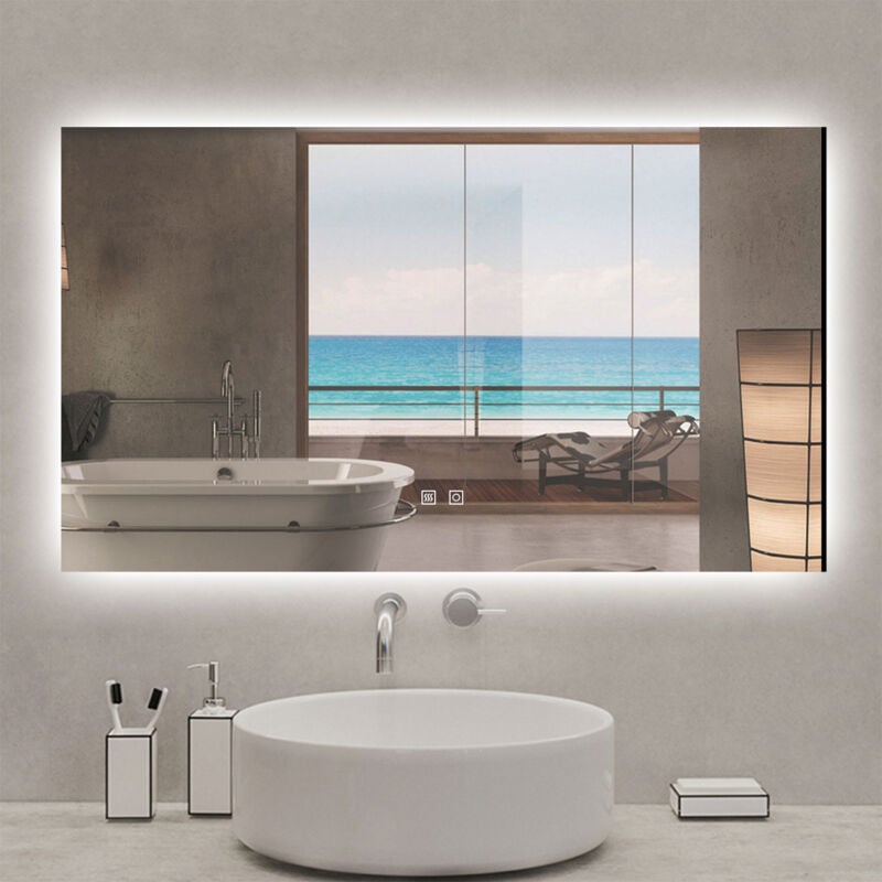 Acezanble - Miroir lumineux rectangulaire 120 x 70cm, 3 couleurs + dimmable + anti-buée + mémoire, miroir salle de bain led