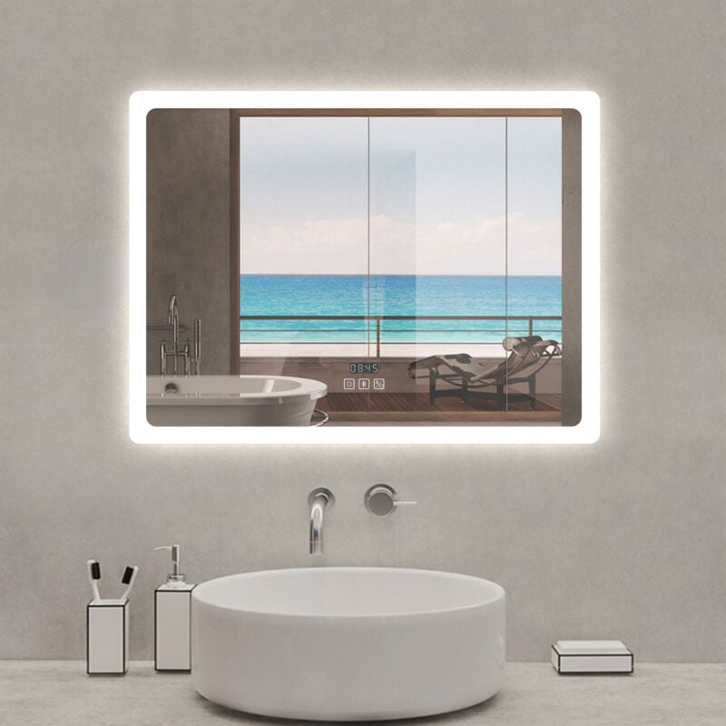 Acezanble - Miroir lumineux rectangulaire 100 x 60cm, bluetooth + 3 couleurs + dimmable + horloge + anti-buée + mémoire, miroir salle de bain mural