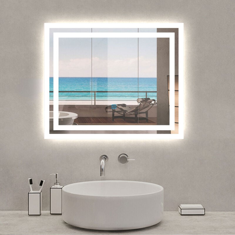 Acezanble - Miroir lumineux rectangulaire 60 x 50cm anti-buée +dimmable + mémoire, miroir de salle de bain led