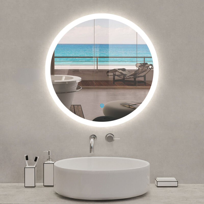 Acezanble Miroir lumineux rond 60cm anti-buée +dimmable + mémoire, miroir de salle de bain