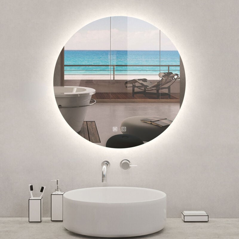 Acezanble - Miroir lumineux rond 90 x 90cm, 3 couleurs + dimmable + anti-buée + mémoire, miroir salle de bain led