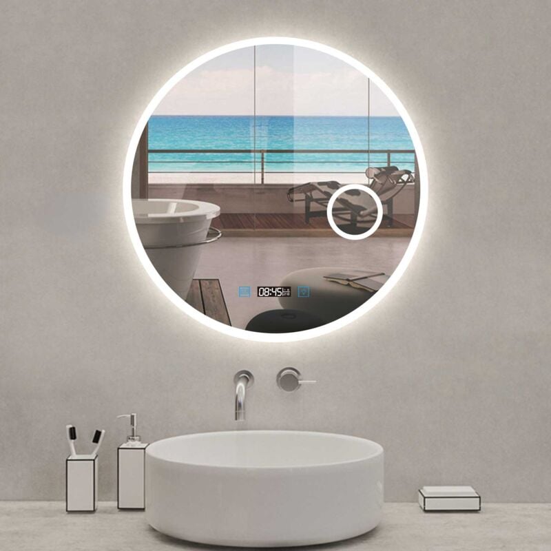 Acezanble - Miroir lumineux rond 70cm, 3 couleurs + dimmable + grossissant + horloge + anti-buée + mémoire, miroir salle de bain