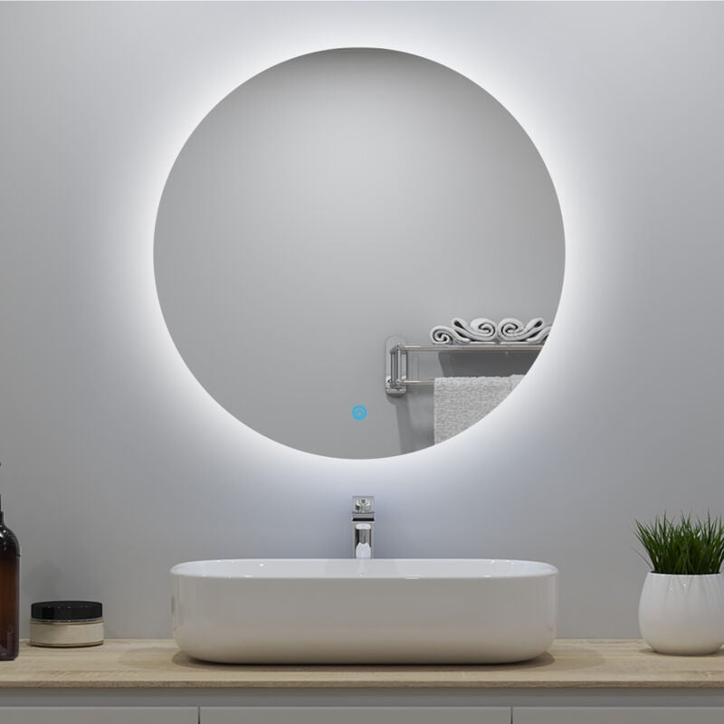 Miroir lumineux rond 80x80cm avec Anti-buée + Dimmable, Mural Miroir salle de bain - Acezanble