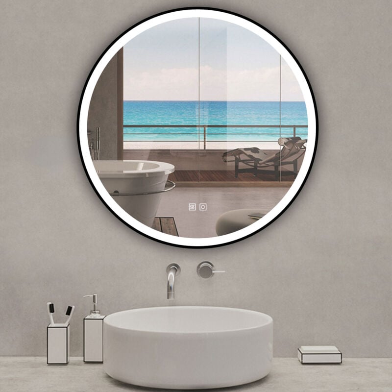 Acezanble - Miroir lumineux rond 80 x 80cm avec 3 couleurs + dimmable + anti-buée + mémoire, miroir salle de bain led