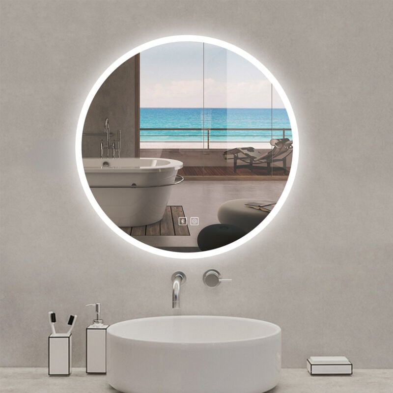 Acezanble - Miroir lumineux rond 80cm, bluetooth + 3 couleurs + dimmable + anti-buée + mémoire, miroir salle de bain mural