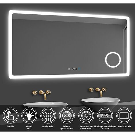 Acezanble – Miroir salle de bain 120x70cm avec éclairage LED – 3 couleurs réglables – anti-buée – miroir grossissant x3 – horloge numérique