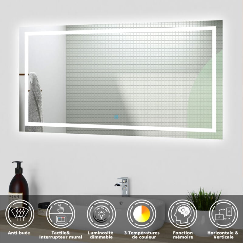 Acezanble Miroir Salle de Bain LED 100x60cm avec Anti-buée + 3 Couleurs + Dimmable, Mural Miroir Lumineux