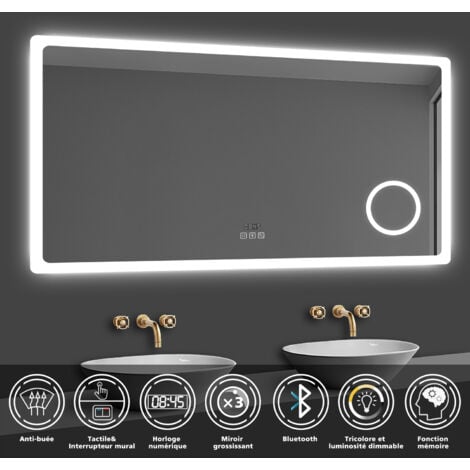 Acezanble Miroir Salle de Bain LED avec Bluetooth, Mural Miroir avec Horloge + 3 Couleurs + Dimmable + Anti-buée + Grossissant 3x -120 x 70cm