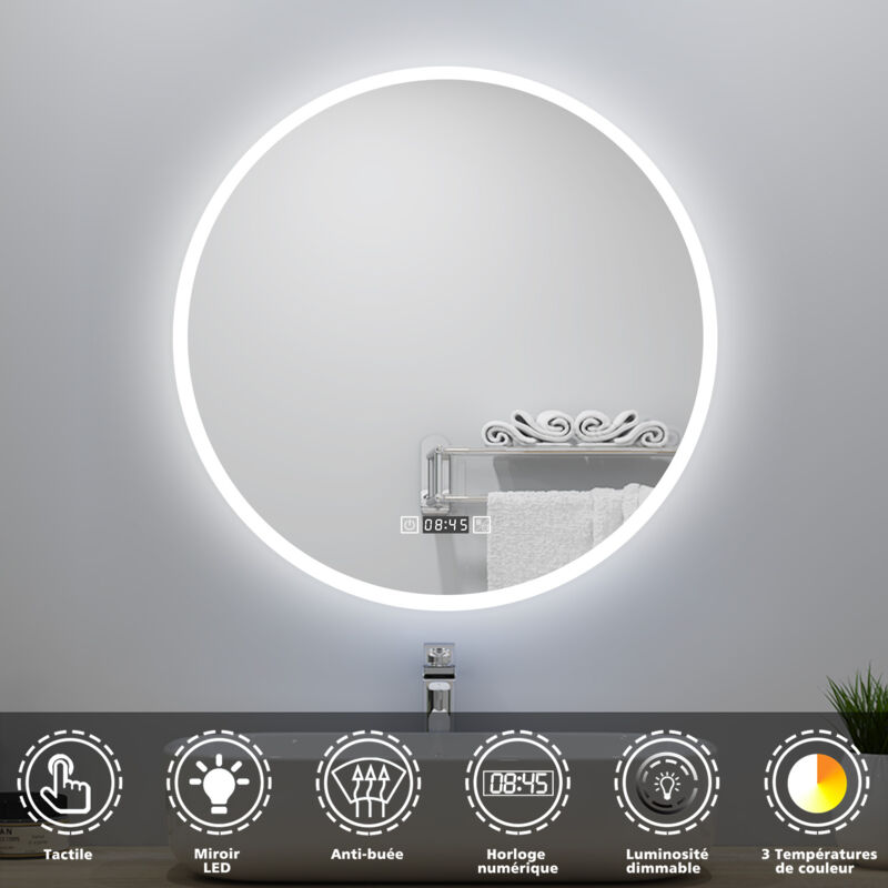Miroir Salle de Bain Rond 60cm avec Horloge + 3 Couleurs + Dimmable + Anti-buée - Acezanble