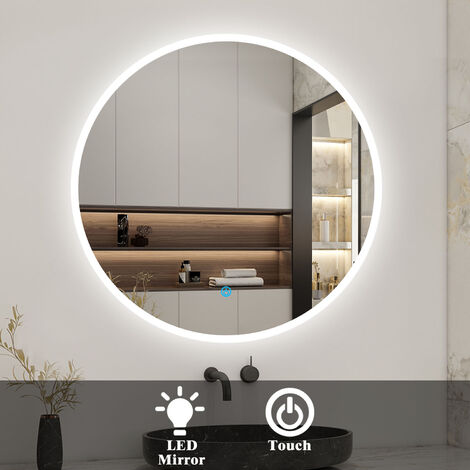 Acezanble Round Illuminated Bathroom Mirror with LED Light, 60cm, 6000K Cool White Light, Touch Switch IP44 Makeup Wall Mirror