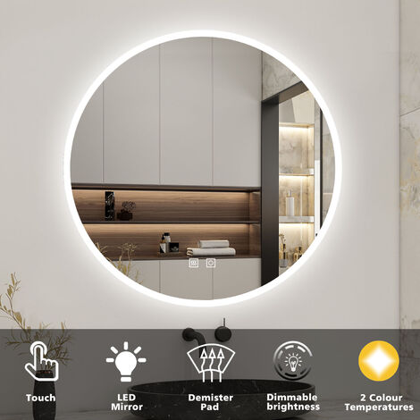 Acezanble Round Illuminated Bathroom Mirror with LED Light, 60cm, Dimmable Wall Mirror, Warm Light and Cold White Light, Anti-fog, Touch Switch, IP44