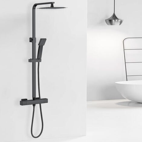 Acezanble Thermostatic Mixer Shower Set Square Black Chrome Finish Twin Head Exposed Valve