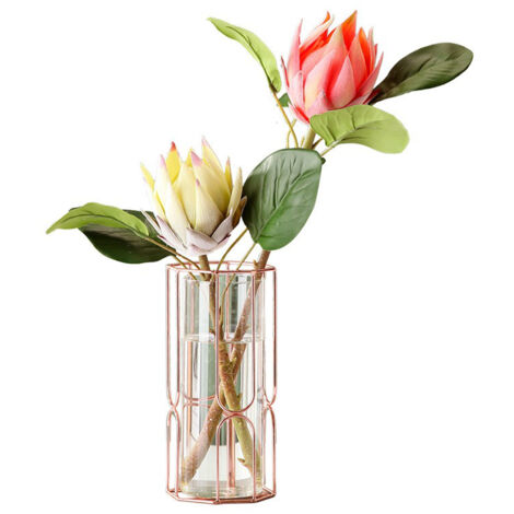 Achteckige Vase, 1 Stück, dekorative Vase, Zink, galvanisiert, roségoldfarbenes Glas, Eisenvase, Trockenblumen