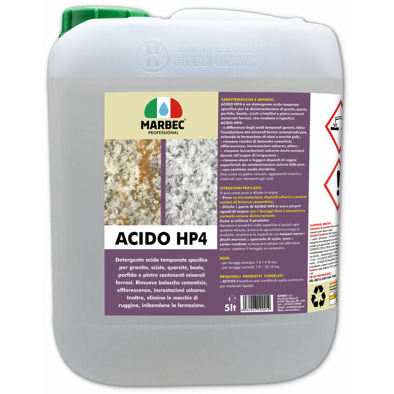 Image of Acido HP4 5LT Detergente acido tamponato specifico per la pulizia disincrostante di granito, quarzite, porfido,e pietre contenenti materiali ferrosi,