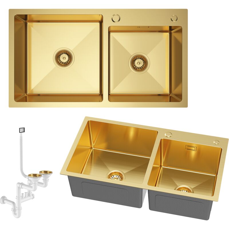 Granitan - Acier évier 2 cuves or évier de cuisine 78x45 cm siphon