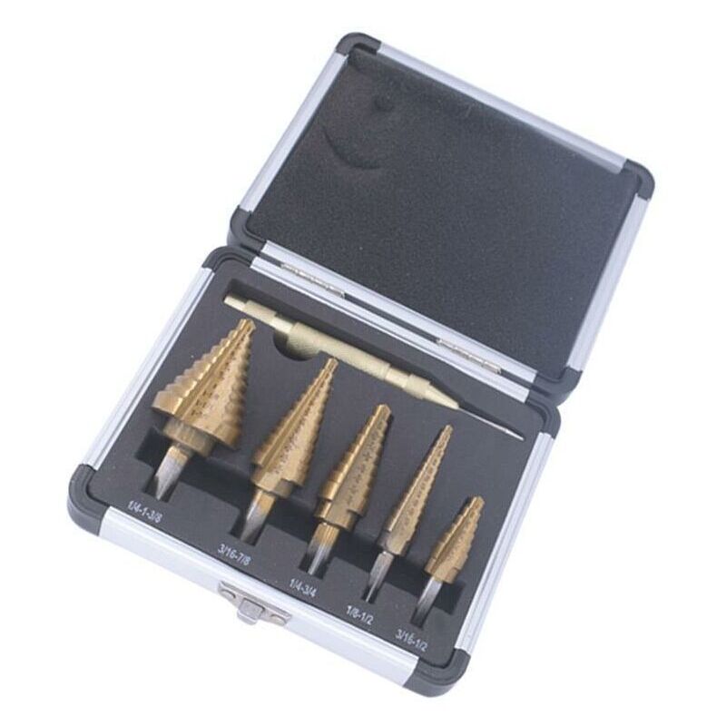 Acier rapide Perceuse pagode britannique Poignée triangulaire Ouvre-trou plaqué titane Ensemble de 6 pièces Ensemble de 6 pièces Boîte en aluminium