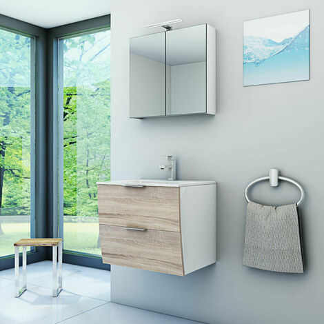 AcquaVapore Badmöbel Set Gently 2 V1 Weiß/Eiche MDF Waschtisch 60cm ohne LED Beleuchtung