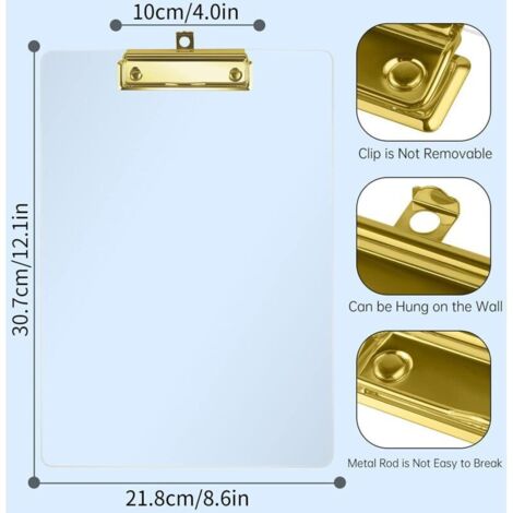 Acryl-Klemmbrett, transparentes Acryl-Klemmbrett, 3-teiliges modisches A4-Klemmbrett-Set, Klemmbrett mit Clip (Gold)
