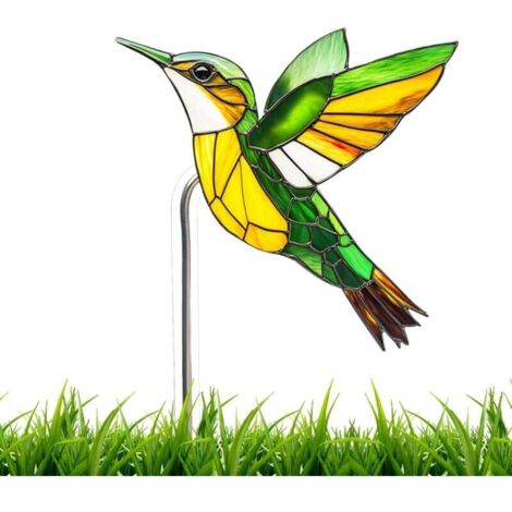 Acrylic garden stake in the shape of a hummingbird made of tinted glass. Colorful 2D decoration for patio, lawn, park, holiday garden or in pots such as cacti, aloe, orchids