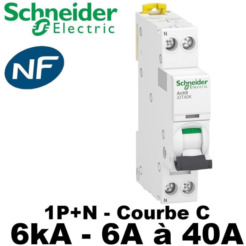 Schneider Electric - Acti9 IDT40 A9P71606 disjoncteur modulaire - 1P+N - 6A - courbe c - 4500A/4,5kA