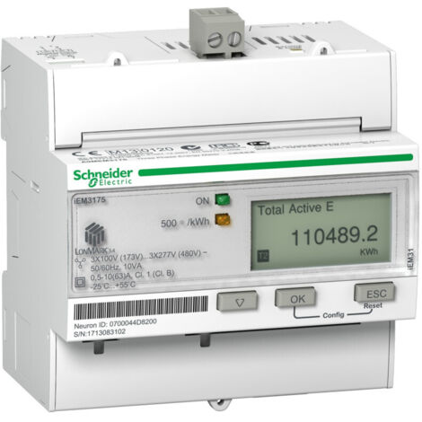 Acti9 iEM - compteur d'énergie tri - 63A - multi-tarif - LON - MID (A9MEM3175)