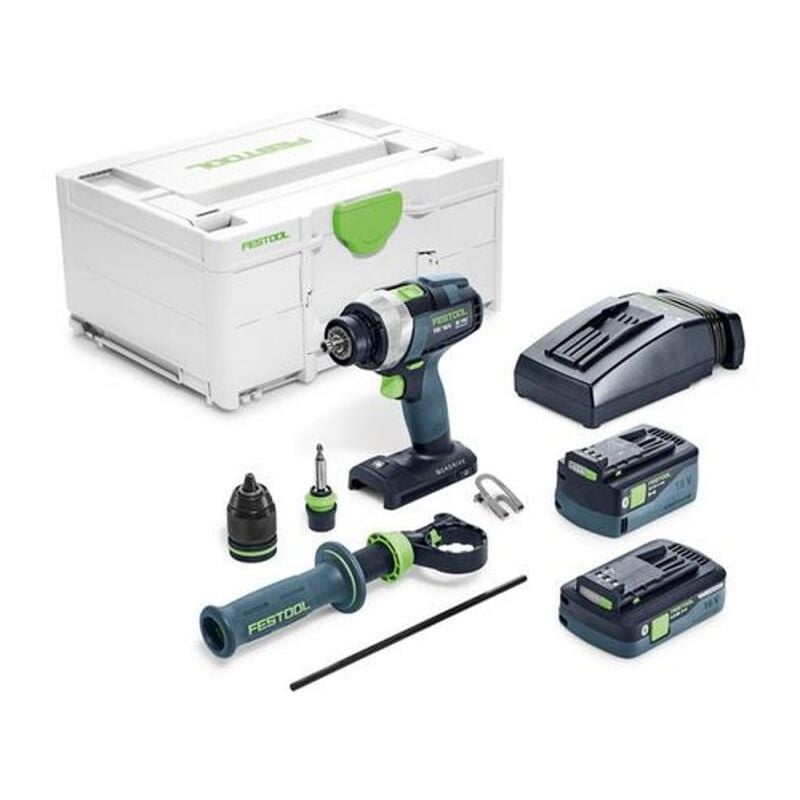 Perceuse visseuse sans fil tdc 18/4 5.0/4.0 i-plus quadrive Festool 2 batteries 18V 4.5Ah et 4.0Ah - chargeur - Systainer - 577649