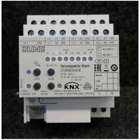 Actionneur de chauffage modulaire 6 voies système bus KNX 230V pour pose sur rail DIN 4 modules JUNG