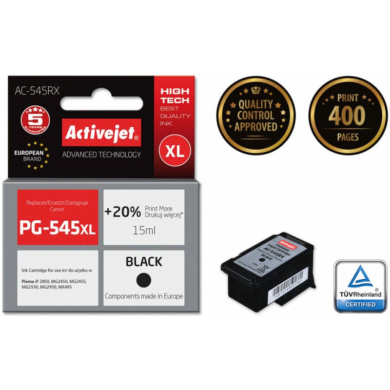 Activejet - AC-545RX - Encre à pigments - Noir - Canon - Pixma iP2850 - MG2450 - MG2550 - MG2950 - 18 ml - Canon PG-545XL