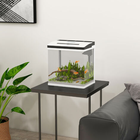 Acuario de Cristal de 13L Pecera Pequeña con Sistema de Filtro Iluminación LED Bomba de Agua 29x20x30,5 cm Blanco