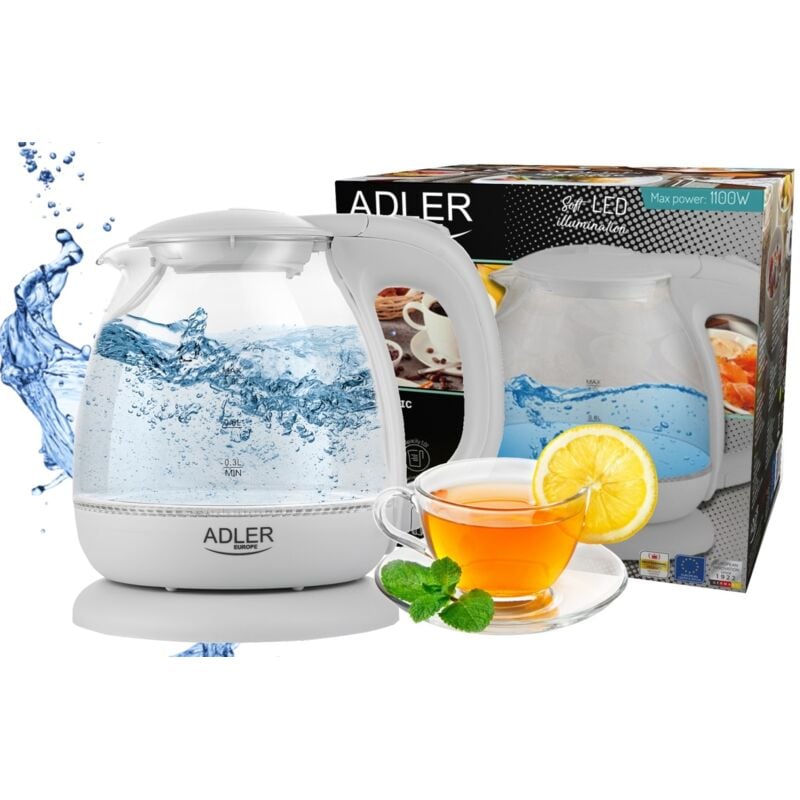 Tresice France - adler ad 1238 bouilloire électrique en verre, petite taille, 1 l, 1100 w, éclairage led, 1100 w, 1 litre, blanc