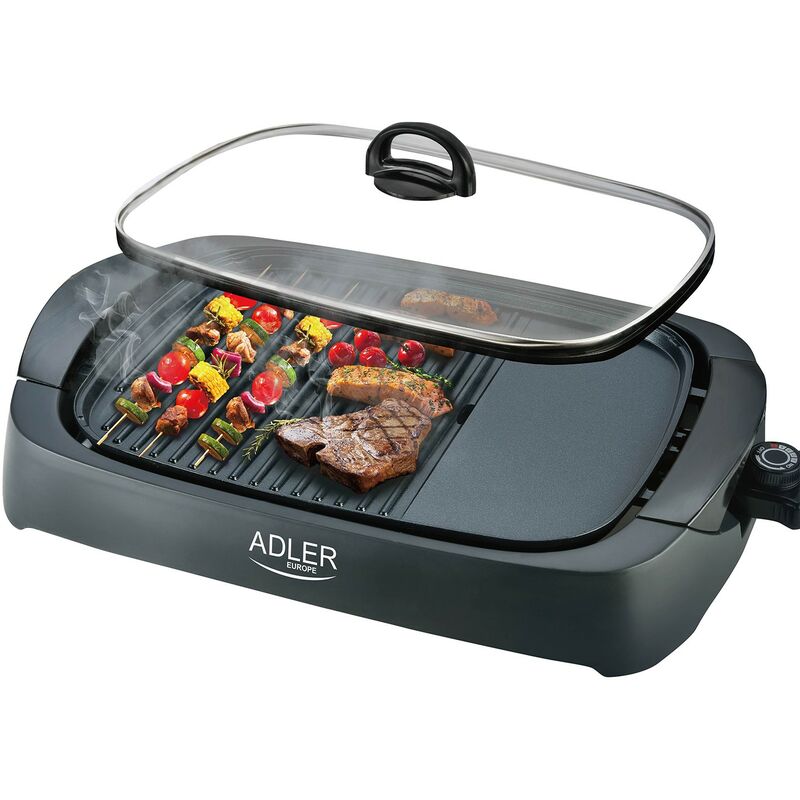 Adler - Grill électrique 3000W - Couvercle en verre - 2 zones de cuisson et Spatule incluse