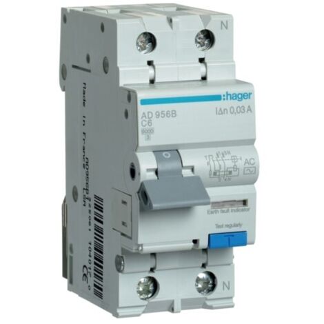 AD956B DISJONCTEUR DIFFÉRENTIEL HAGER 1P+N 6A 30MA 6KA TYPE AC - À DROITE - AUXILIARISABLE ADC956D