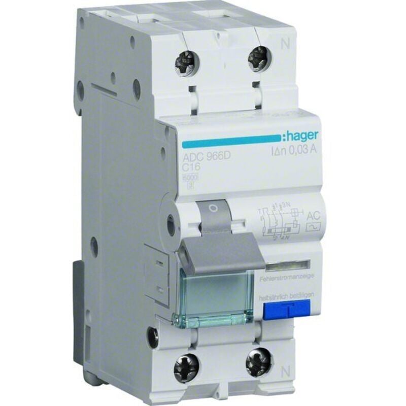 AD966B disjoncteur différentiel Hager 1P+N 16A 30MA 6KA type ac - à droite - auxiliarisable ADC966D