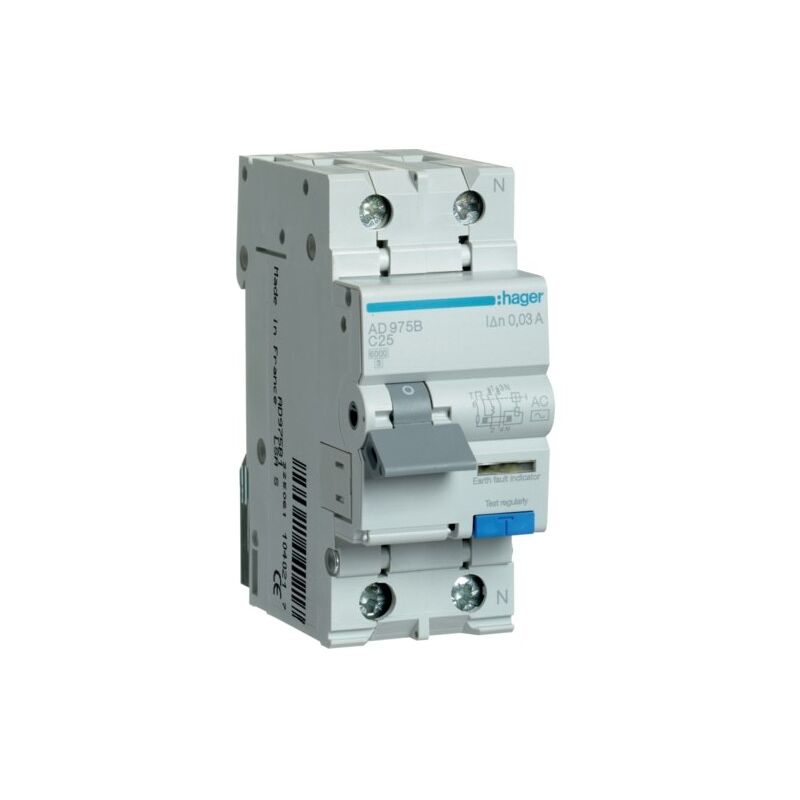 Ad975b Disjoncteur Différentiel Hager 1p+n 25a 30ma 6ka Type Ac - Neutre à Droite - Auxiliarisable