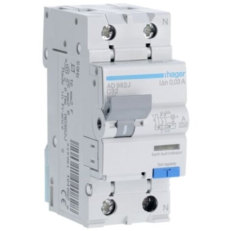 Ad982j Disjoncteur Différentiel Hager 1p+n 32a 30ma 6ka Type A - Neutre à Droite - Auxiliarisable
