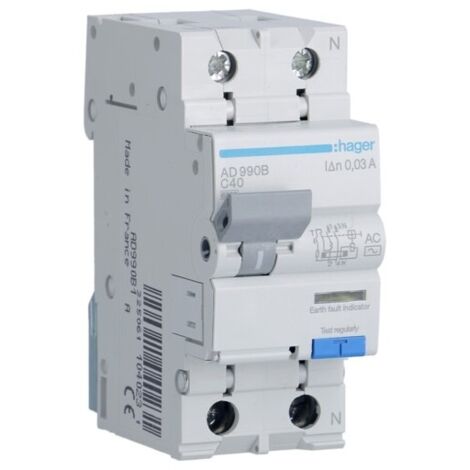 Ad990b Disjoncteur Différentiel Hager 1p+n 40a 30ma 6ka Type Ac - Neutre à Droite - Auxiliarisable