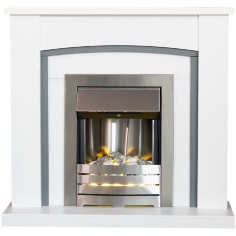 Adam Chilton in Pure White & Grey with Helios Electric Fire in Brushed Steel, 39 Inch