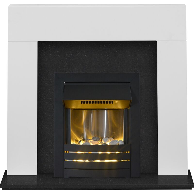 Image of Adam - Miami Fireplace in Pure White & Black Marble with Helios Electric Fire in Black, 48 Inch