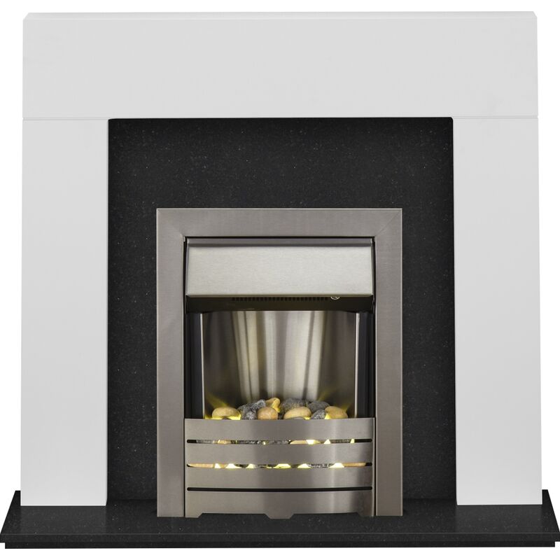 Image of Adam - Miami Fireplace in Pure White & Black Marble with Helios Fire in Brushed Steel, 48 Inch